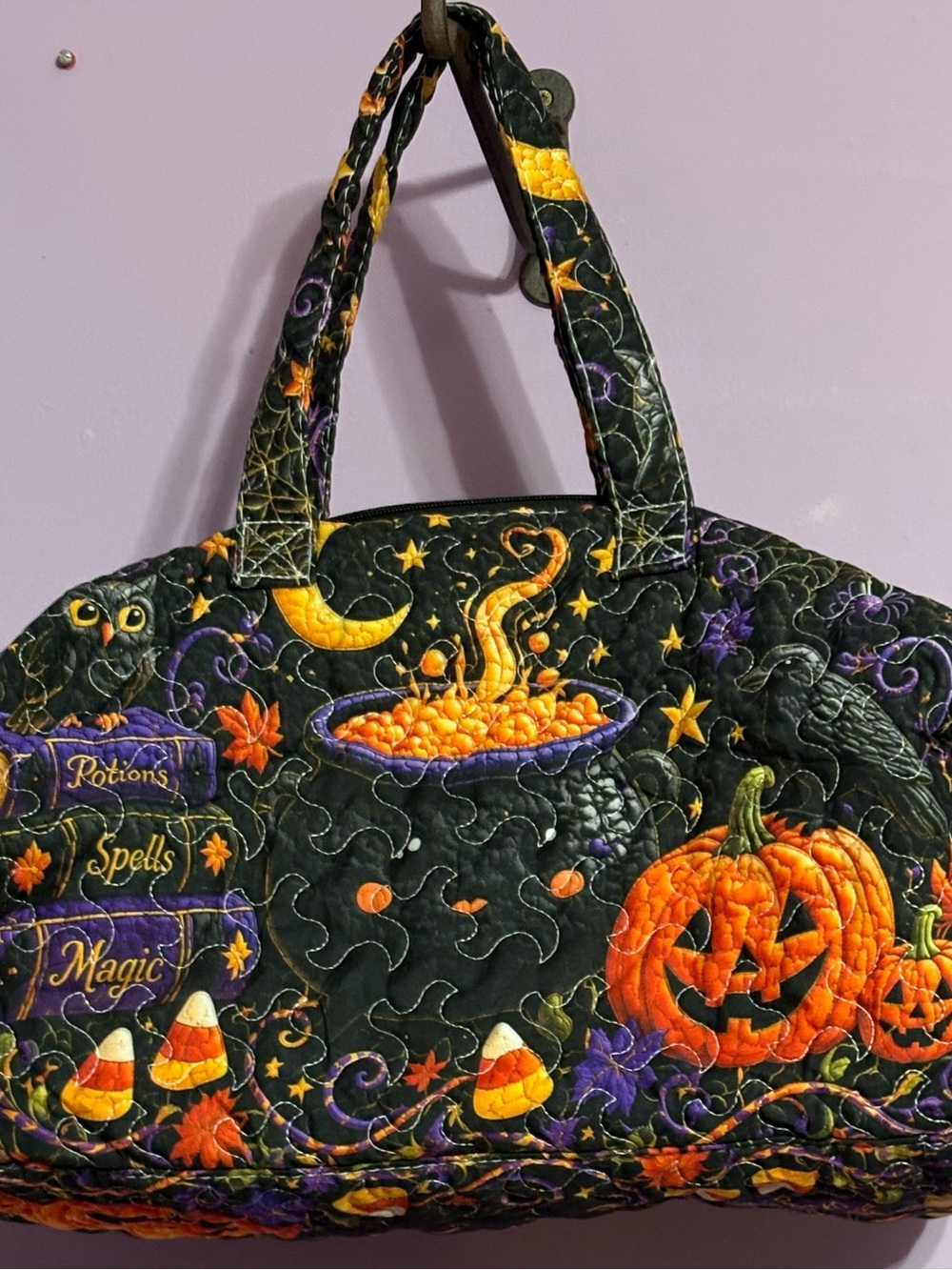 Quilted Halloween Tote Bag - Black & Orange Spooky Print
